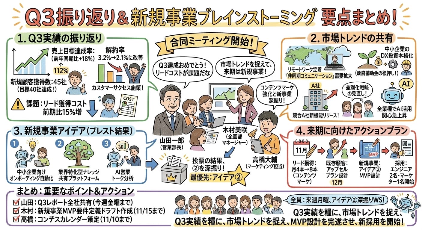 meetSketchが生成したグラフィックレコーディングのサンプル - 新規プロダクトローンチ戦略会議の要点まとめ